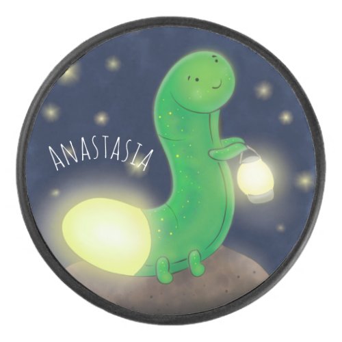 Cute green glow worm cartoon illustration hockey puck