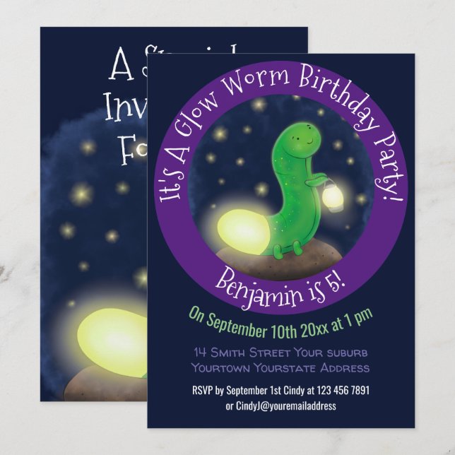 Cute green glow worm cartoon illustration invitation (Front/Back)
