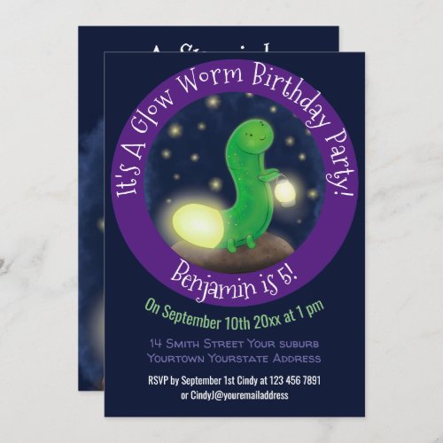 Cute green glow worm cartoon illustration invitation