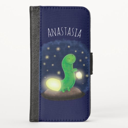 Cute green glow worm cartoon illustration iPhone x wallet case