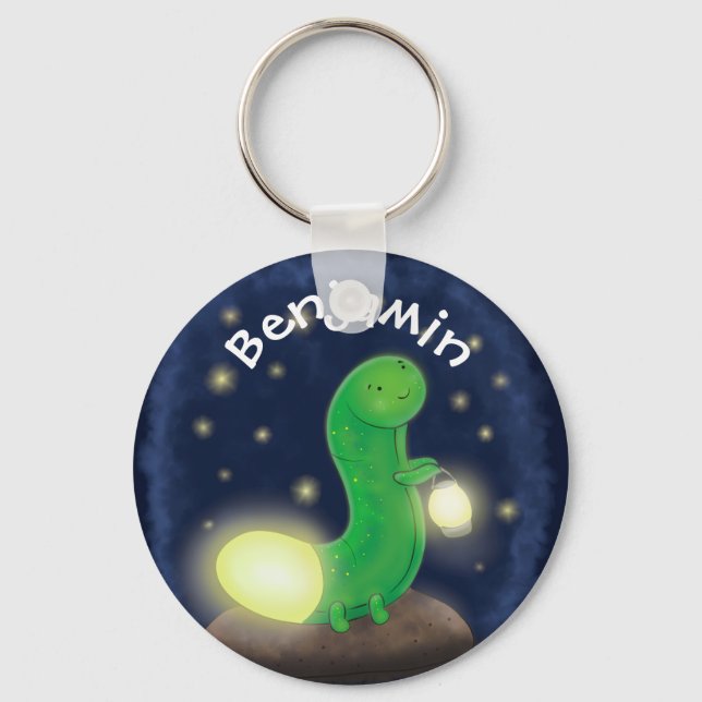 Cute green glow worm cartoon illustration keychain (Front)