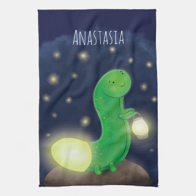Cute green glow worm cartoon illustration kitchen towel (Vertical)