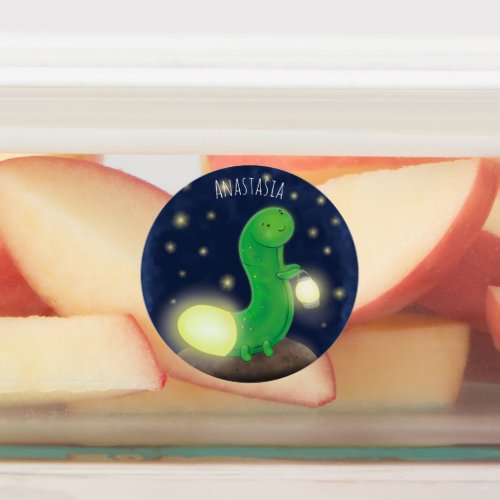 Cute green glow worm cartoon illustration labels