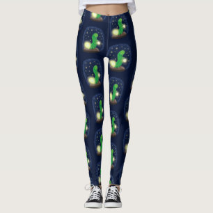 Cute green glow worm cartoon illustration leggings