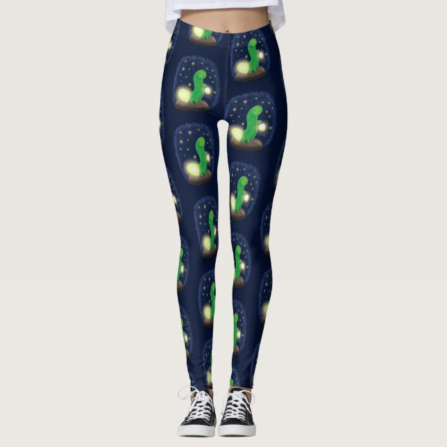 Cute green glow worm cartoon illustration leggings (Front)