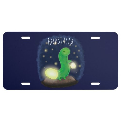 Cute green glow worm cartoon illustration license plate