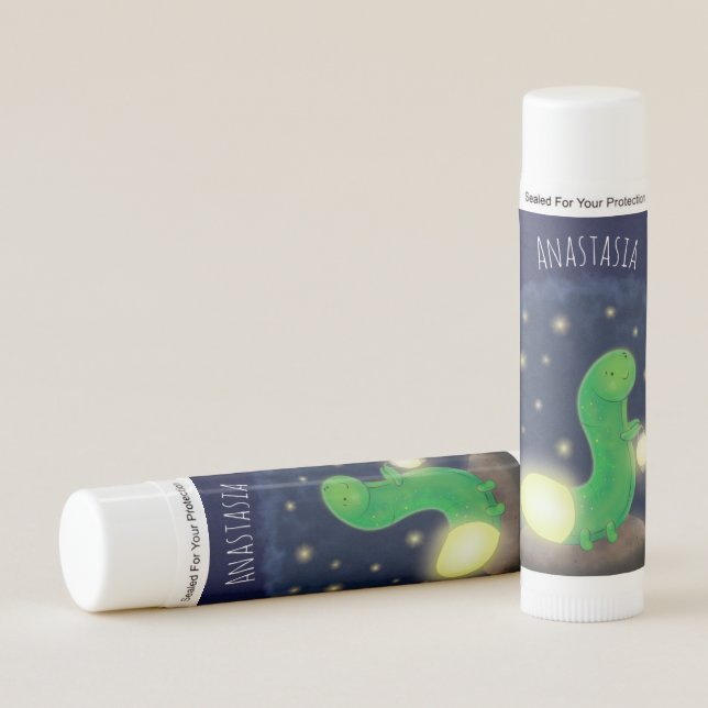 Cute green glow worm cartoon illustration lip balm (Front)
