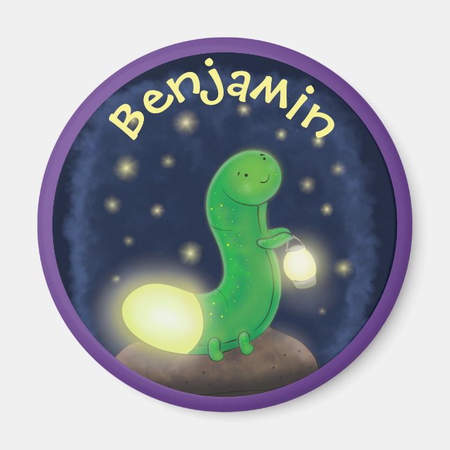Cute green glow worm cartoon illustration magnet (Front)