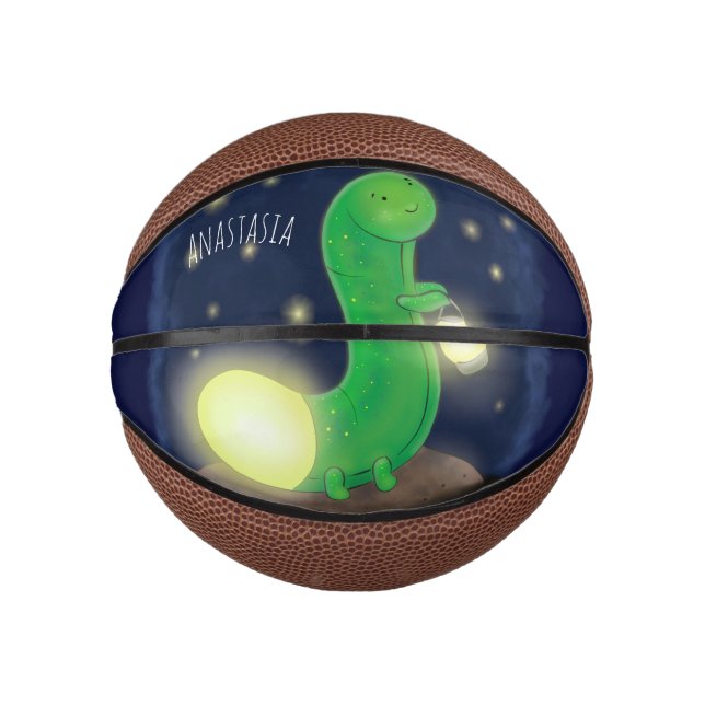 Cute green glow worm cartoon illustration mini basketball (Front)