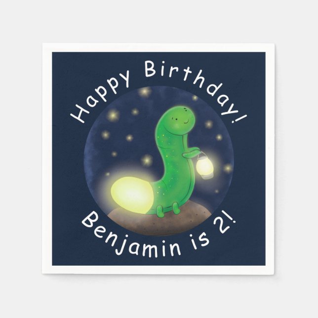 Cute green glow worm cartoon illustration napkins (Front)