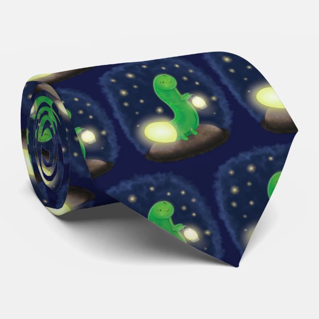 Cute green glow worm cartoon illustration neck tie (Rolled)