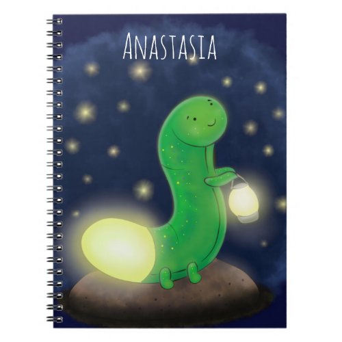 Cute green glow worm cartoon illustration notebook