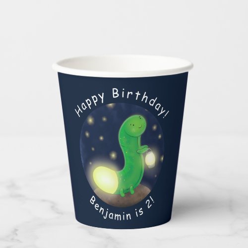 Cute green glow worm cartoon illustration paper cups