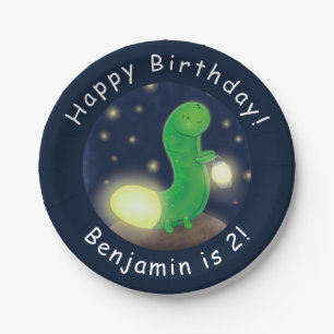 Cute green glow worm cartoon illustration paper plates