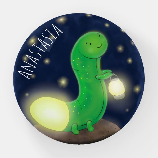 Cute green glow worm cartoon illustration paperweight (Front)