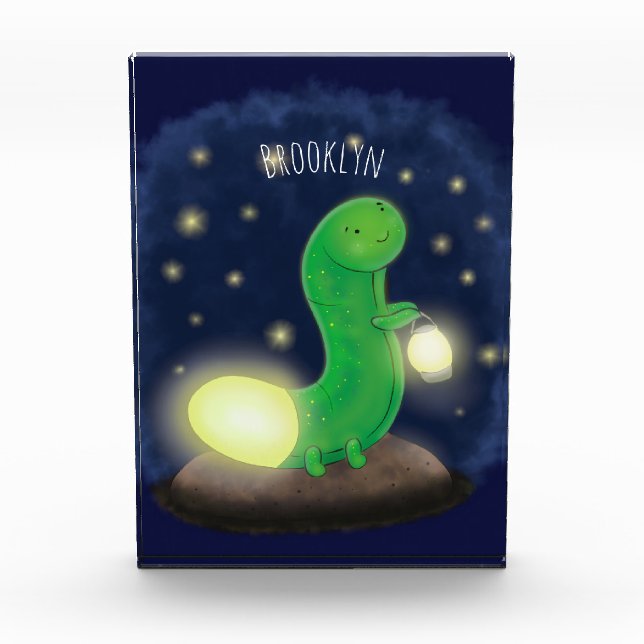 Cute green glow worm cartoon illustration photo block (Front)