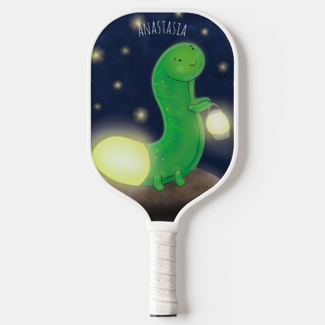 Cute green glow worm cartoon illustration  pickleball paddle (Front)