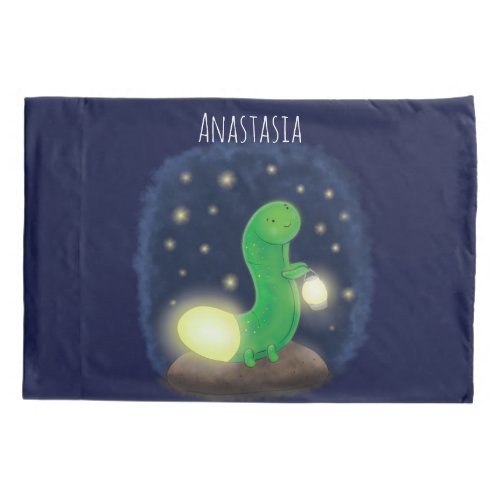 Cute green glow worm cartoon illustration pillow case
