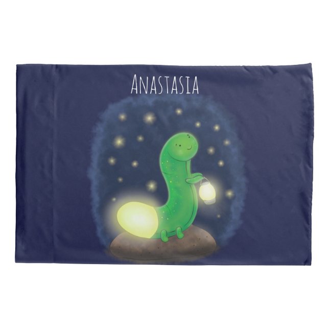 Cute green glow worm cartoon illustration pillow case (Back)