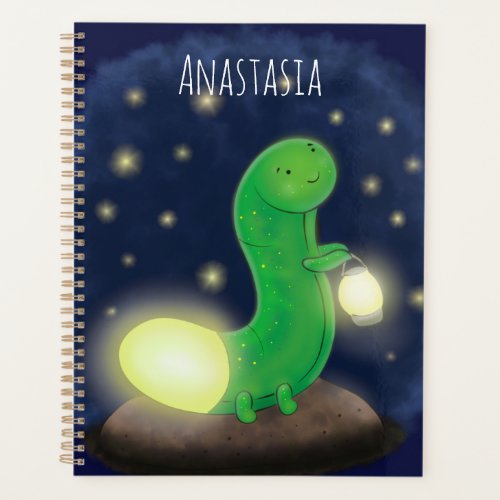 Cute green glow worm cartoon illustration planner