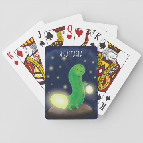 Cute green glow worm cartoon illustration poker cards