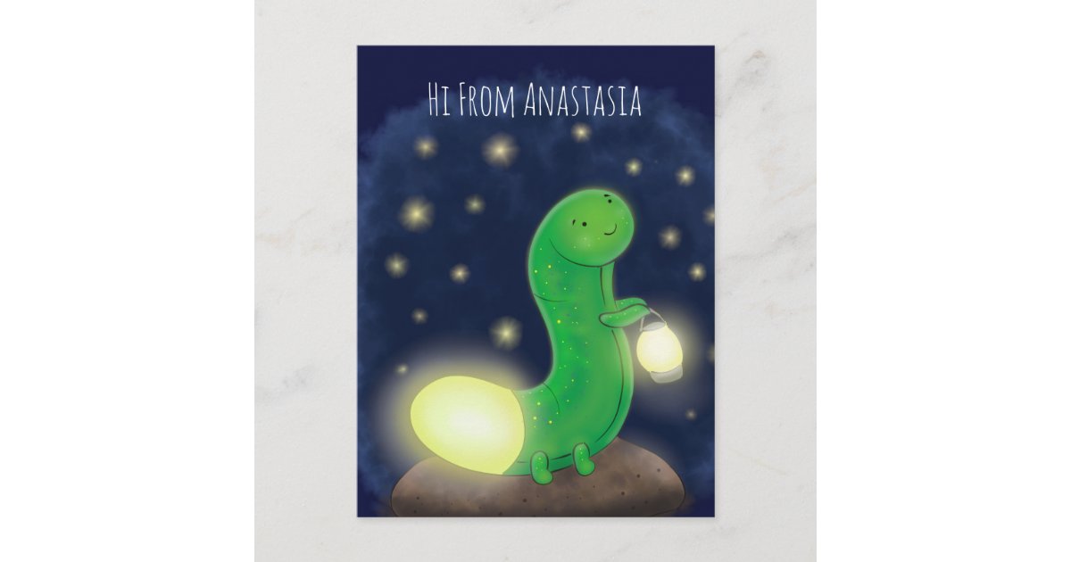 Cute green glow worm cartoon illustration postcard Zazzle
