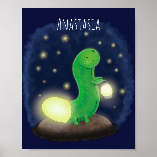 Cute green glow worm cartoon illustration poster (Front)