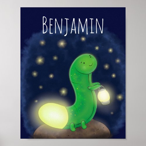 Cute green glow worm cartoon illustration poster