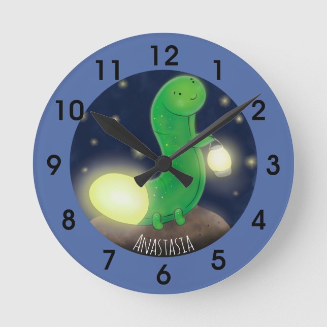 Cute green glow worm cartoon illustration round clock (Front)