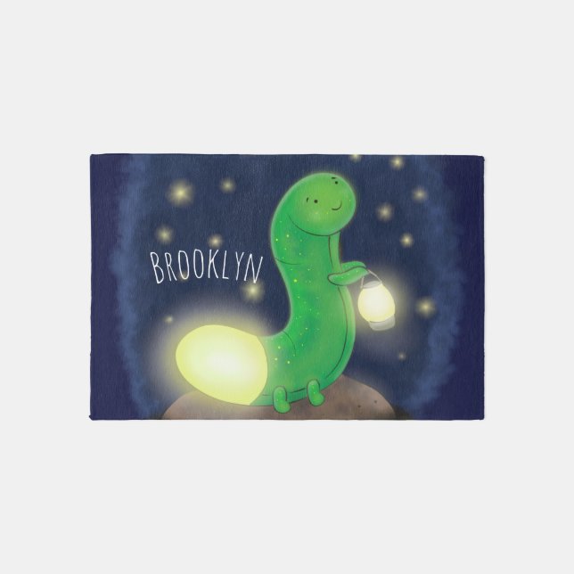 Cute green glow worm cartoon illustration rug (Front)