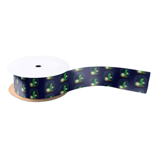 Cute green glow worm cartoon illustration satin ribbon (Spool)