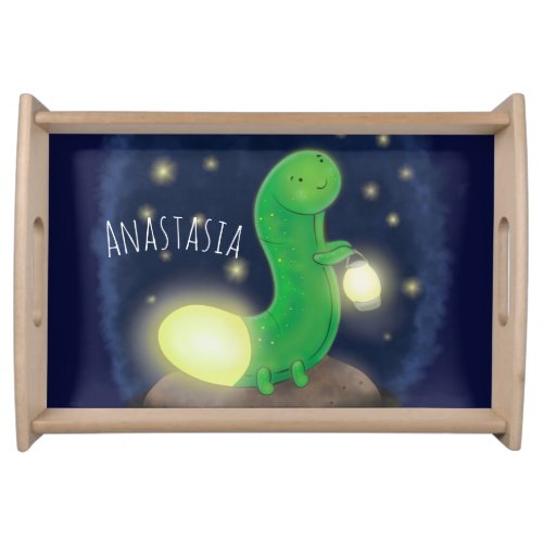 Cute green glow worm cartoon illustration serving tray