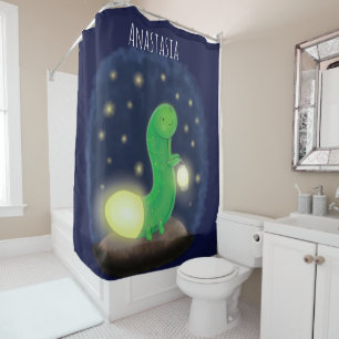 Cute green glow worm cartoon illustration shower curtain