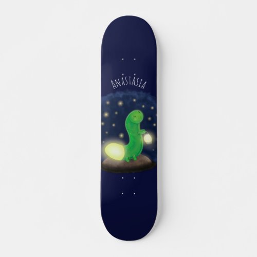 Cute green glow worm cartoon illustration skateboard