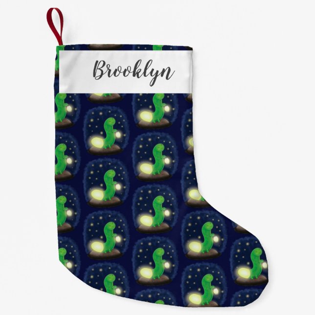 Cute green glow worm cartoon illustration small christmas stocking (Front)