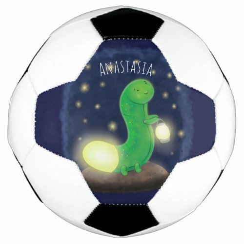 Cute green glow worm cartoon illustration soccer ball