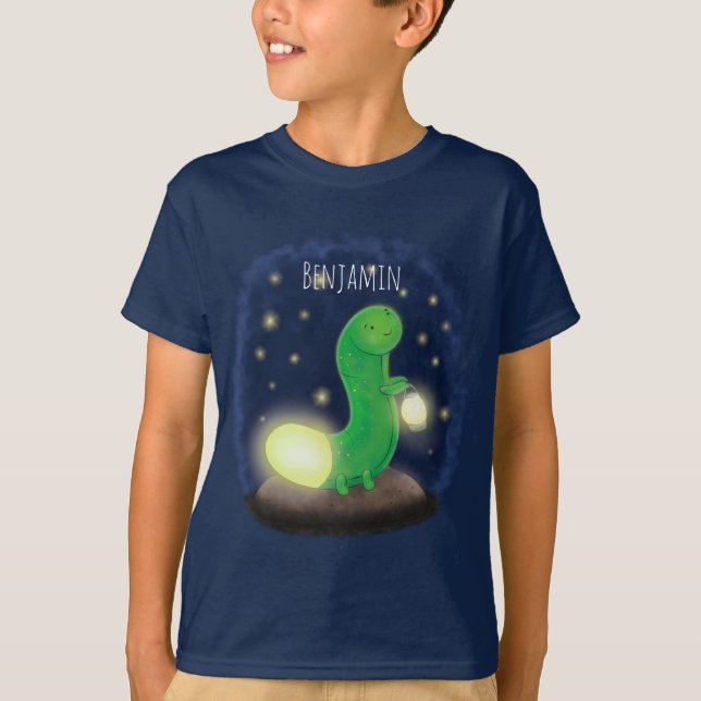 Cute green glow worm cartoon illustration T-Shirt (Front)