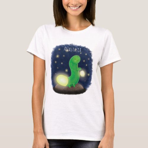 Cute green glow worm cartoon illustration T_Shirt