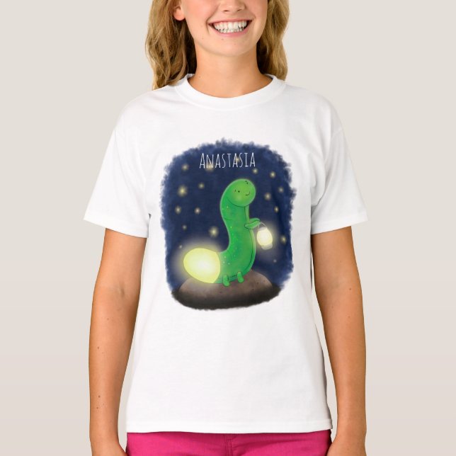 Cute green glow worm cartoon illustration T-Shirt (Front)