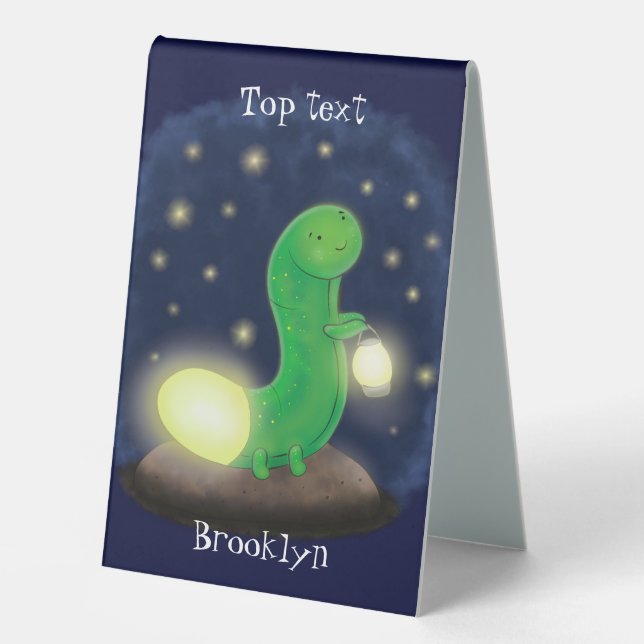 Cute green glow worm cartoon illustration table tent (Front)