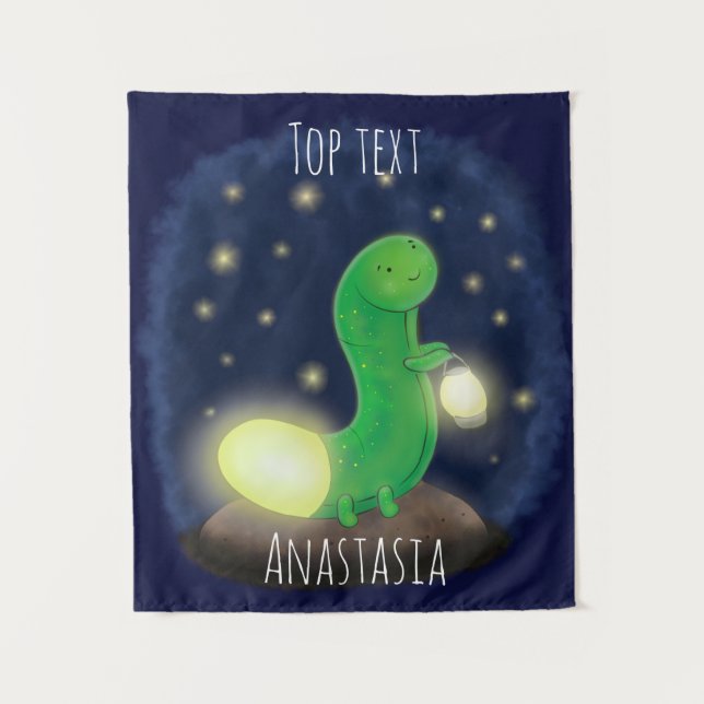 Cute green glow worm cartoon illustration  tapestry (Front)
