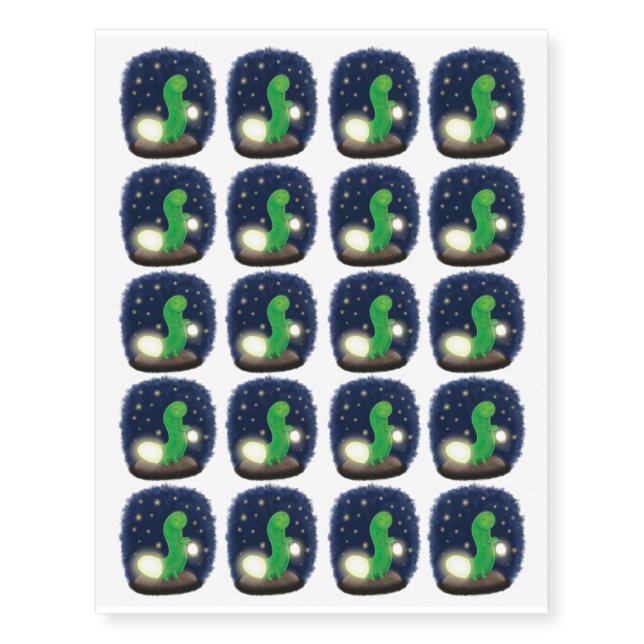 Cute green glow worm cartoon illustration temporary tattoos (Front)