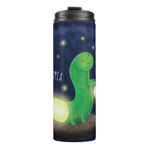 Cute green glow worm cartoon illustration thermal tumbler