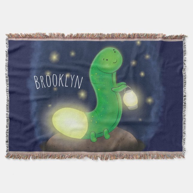 Cute green glow worm cartoon illustration throw blanket (Front)