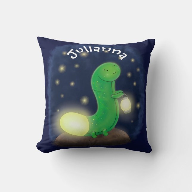 Cute green glow worm cartoon illustration throw pillow (Front)