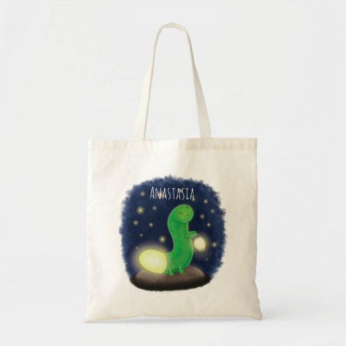 Cute green glow worm cartoon illustration tote bag