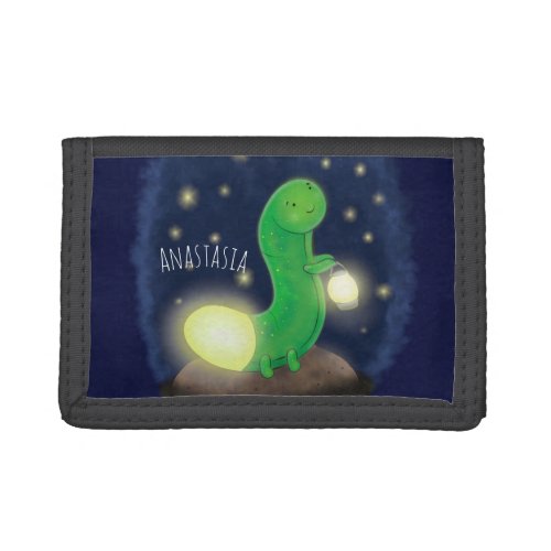 Cute green glow worm cartoon illustration trifold wallet