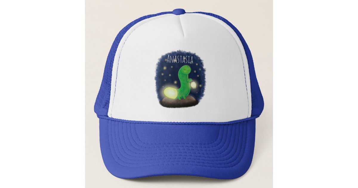 Cute green glow worm cartoon illustration trucker hat