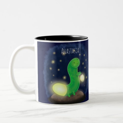 Cute green glow worm cartoon illustration Two_Tone coffee mug