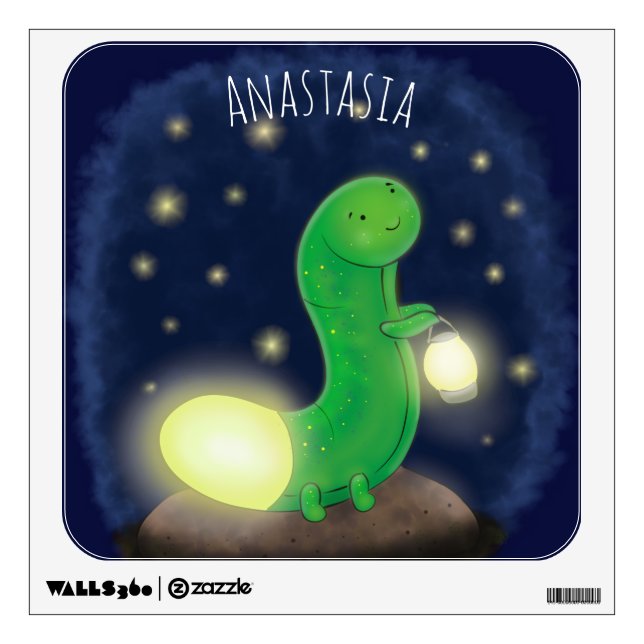 Cute green glow worm cartoon illustration wall decal (Front)
